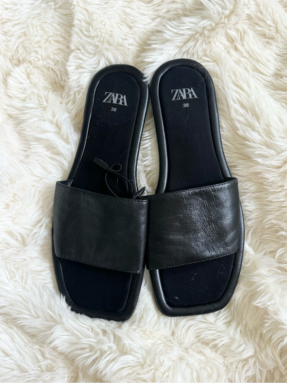 Zara Black Square-Toe Leather Slide Sandals size 38